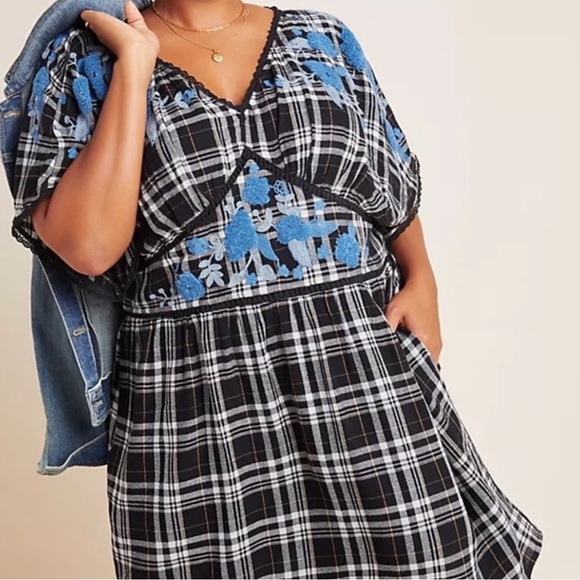 ANTHROPOLOGIE A+ Sarah Tunic Dress Black White Plaid Blue Floral Embroidered - Picture 15 of 15